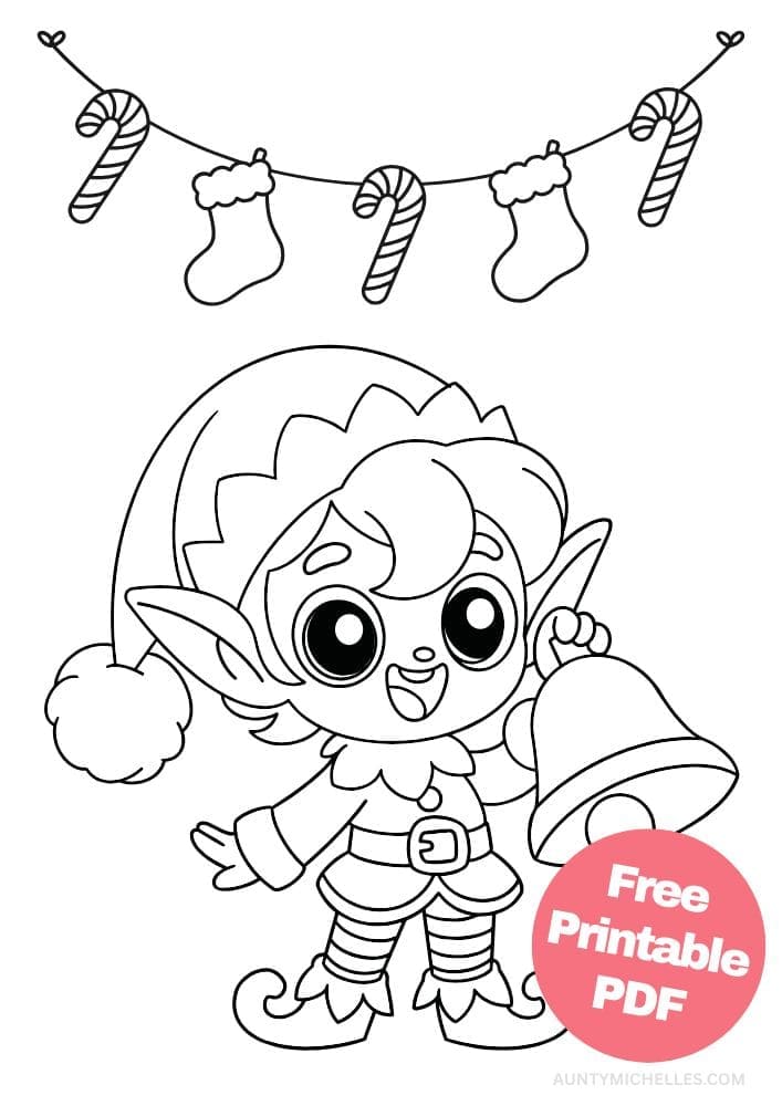 An elf coloring page with an elf ringing a large bell