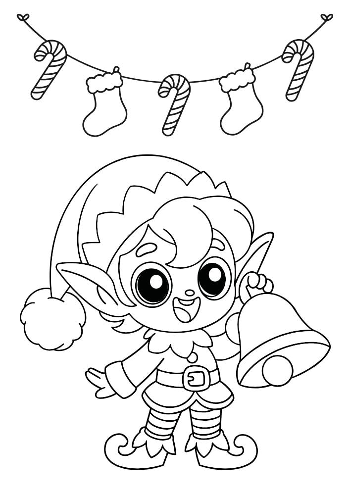 An elf coloring page with an elf ringing a large bell