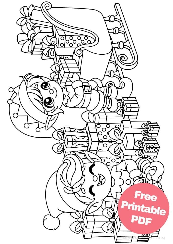 An elf coloring page with two elves loading tons of presents into Santa's sleigh
