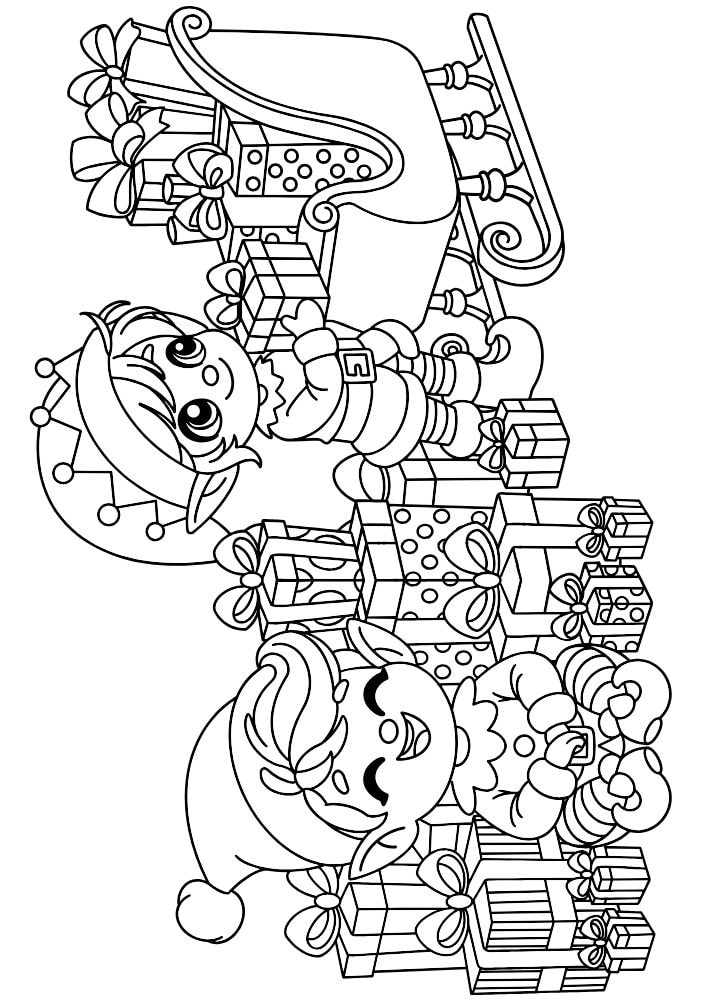 An elf coloring page with two elves loading tons of presents into Santa's sleigh