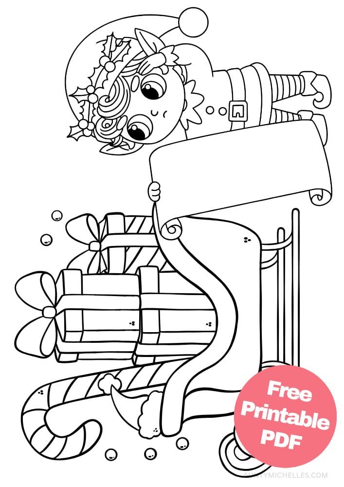 A coloring page with a concerned elf checking the naught and nice list as he loads up Santa's sleigh