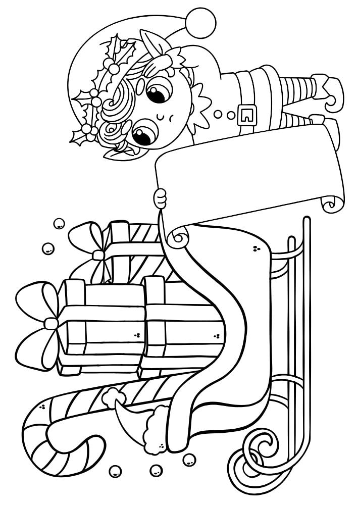 A coloring page with a concerned elf checking the naught and nice list as he loads up Santa's sleigh