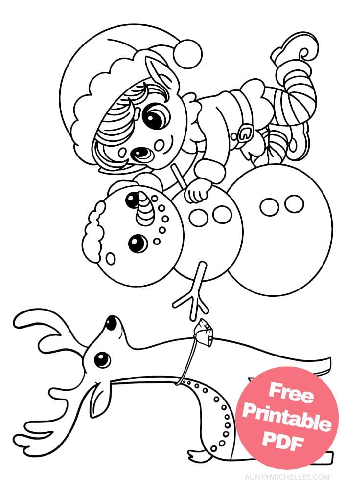 A coloring page with an elf and a reindeer building a snowman