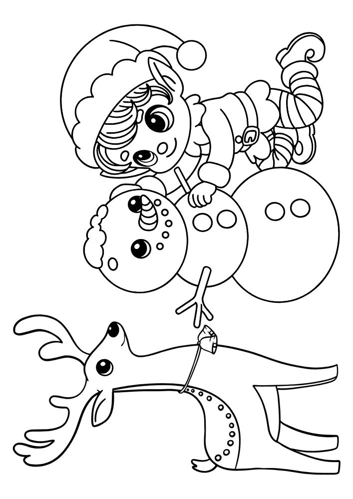 A coloring page with an elf and a reindeer building a snowman