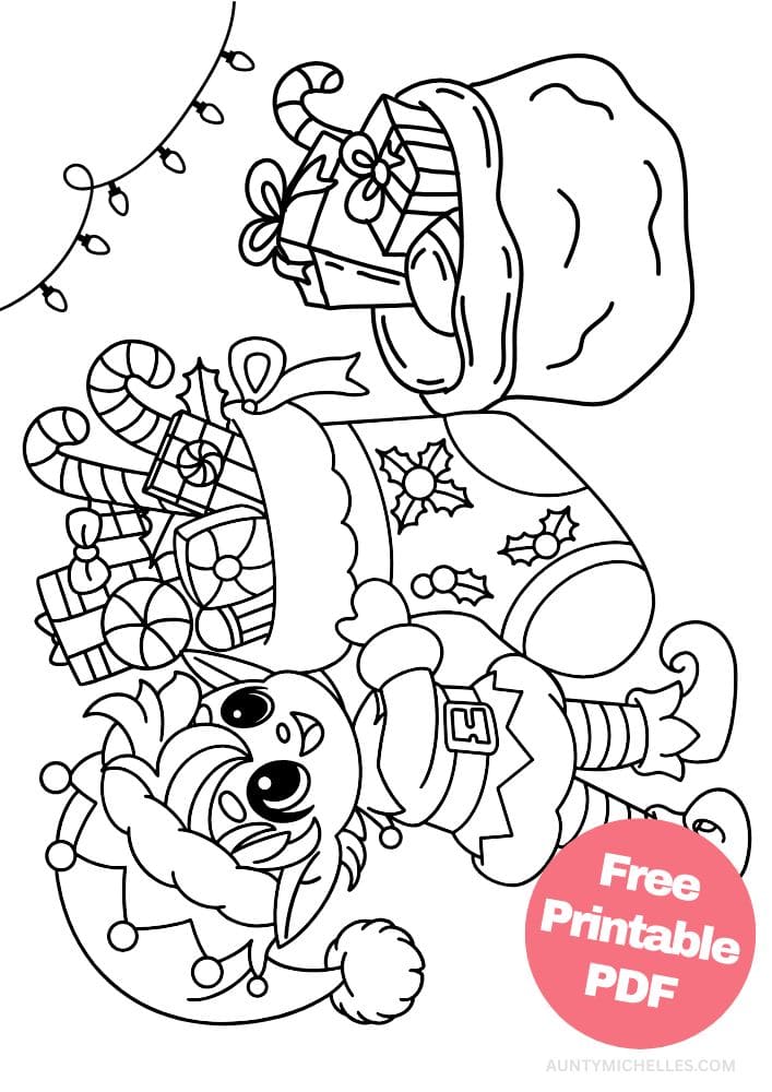 An elf coloring page with an elf lifting a giant stocking full of gifts