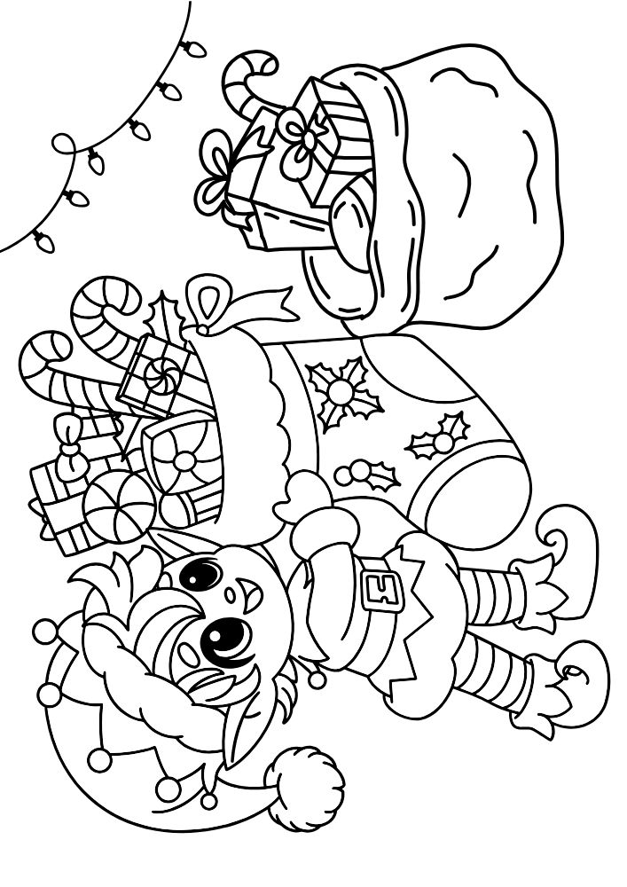 An elf coloring page with an elf lifting a giant stocking full of gifts