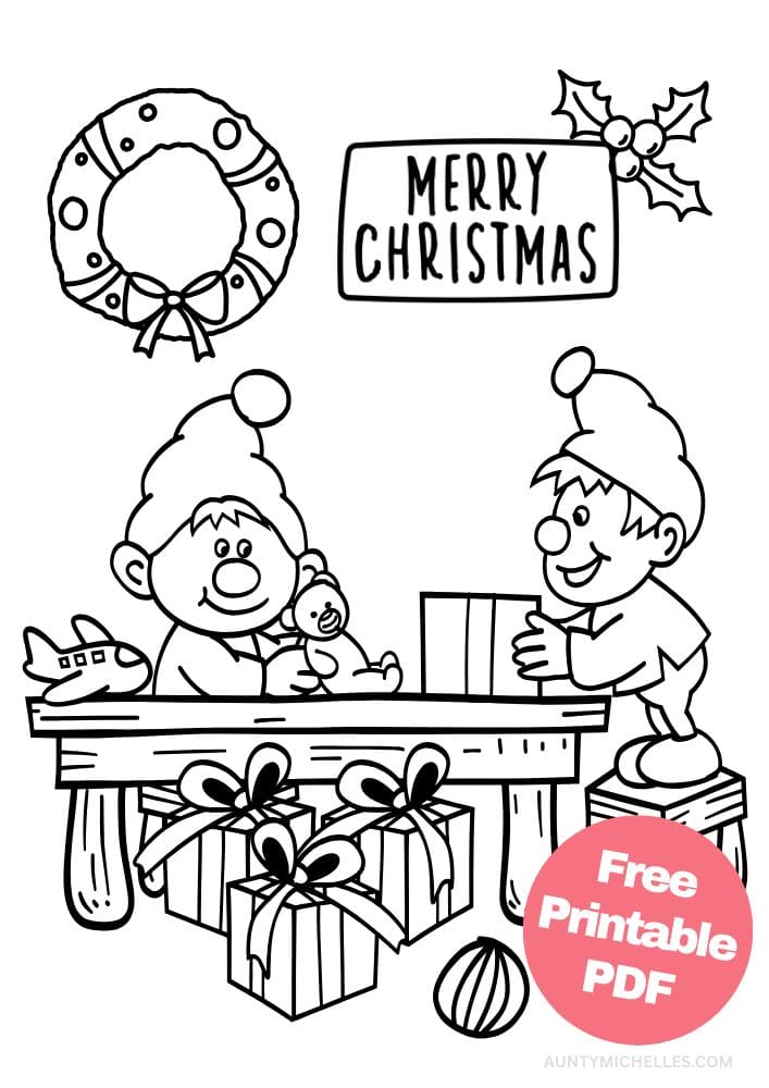 An elf themed coloring page with two elves making toys in Santa's workshop