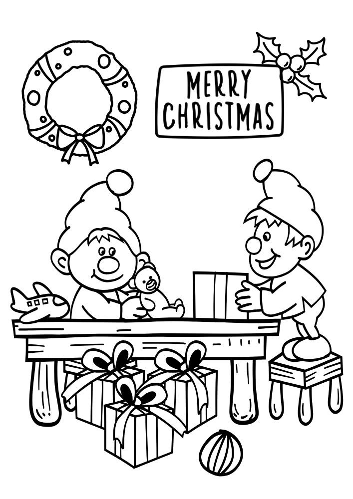 An elf themed coloring page with two elves making toys in Santa's workshop