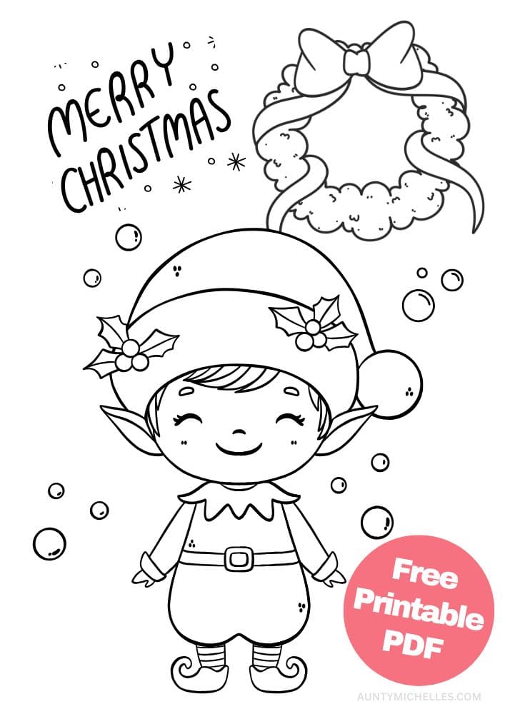 An elf inspired coloring page with an elf standing in the snow smiling