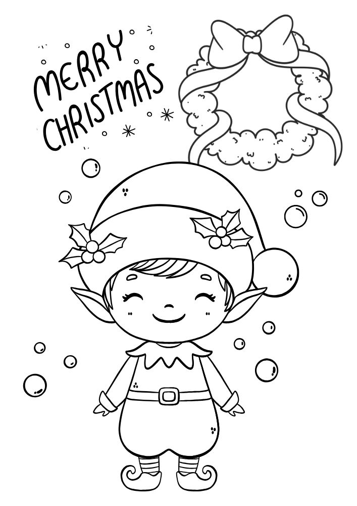 An elf inspired coloring page with an elf standing in the snow smiling