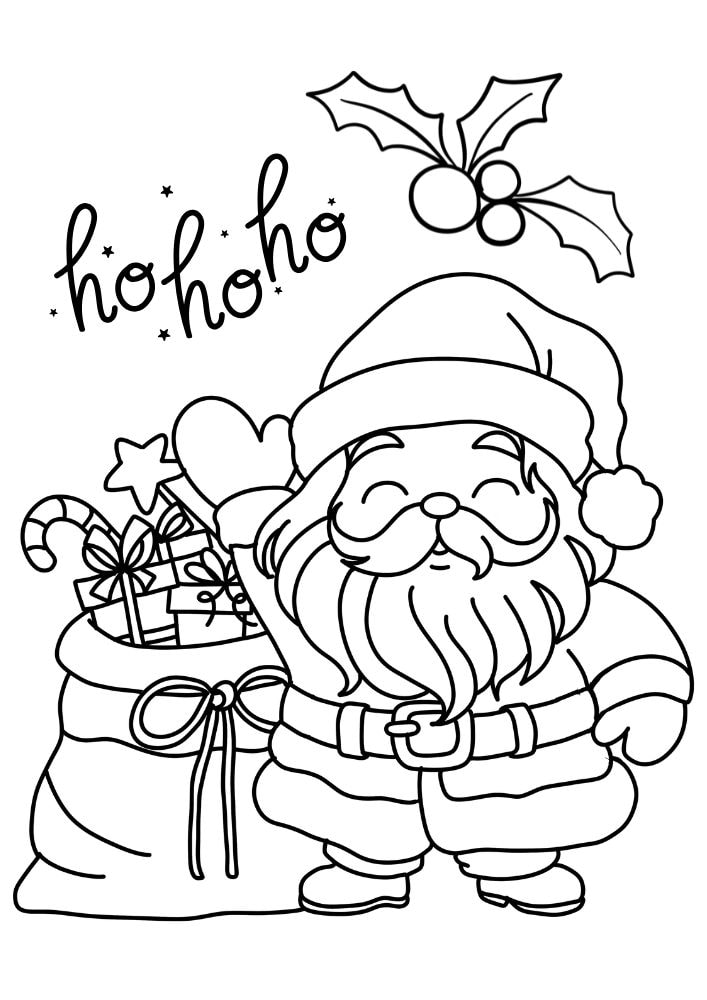 Santa themed coloring page with ho ho ho and bag of presents