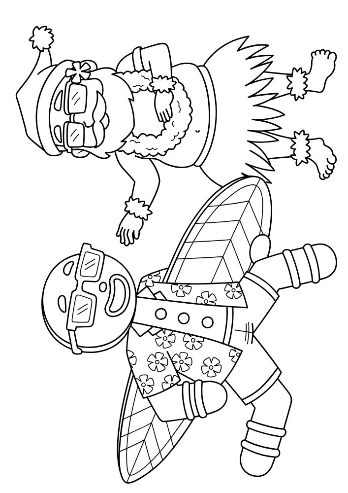 Christmas coloring page with beach themed santa and gingerbread man holding a surf board