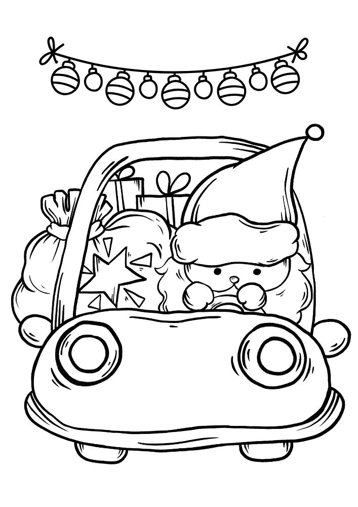 Christmas themed coloring page with a gnome driving a car full of gifts