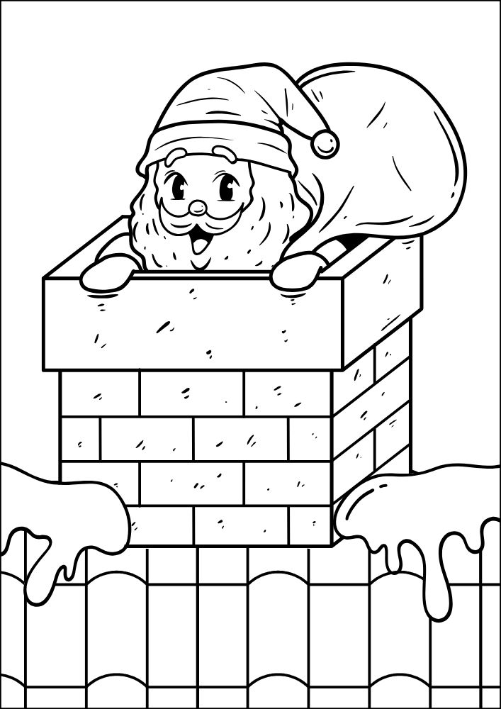 Christmas coloring page with St Nick coming out of a chimney with a bag of toys