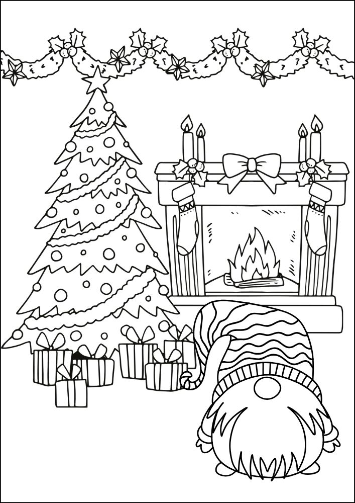 Christmas themed coloring page with a gnome standing in front of a tree and fireplace