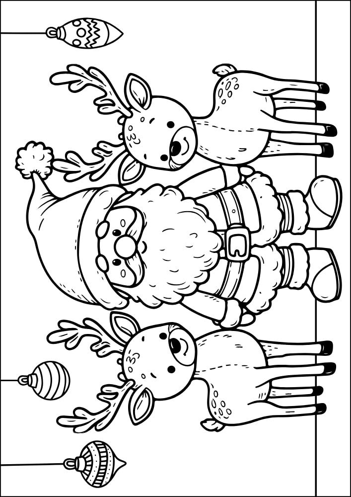 Santa themed coloring page with two cute reindeer and ornaments