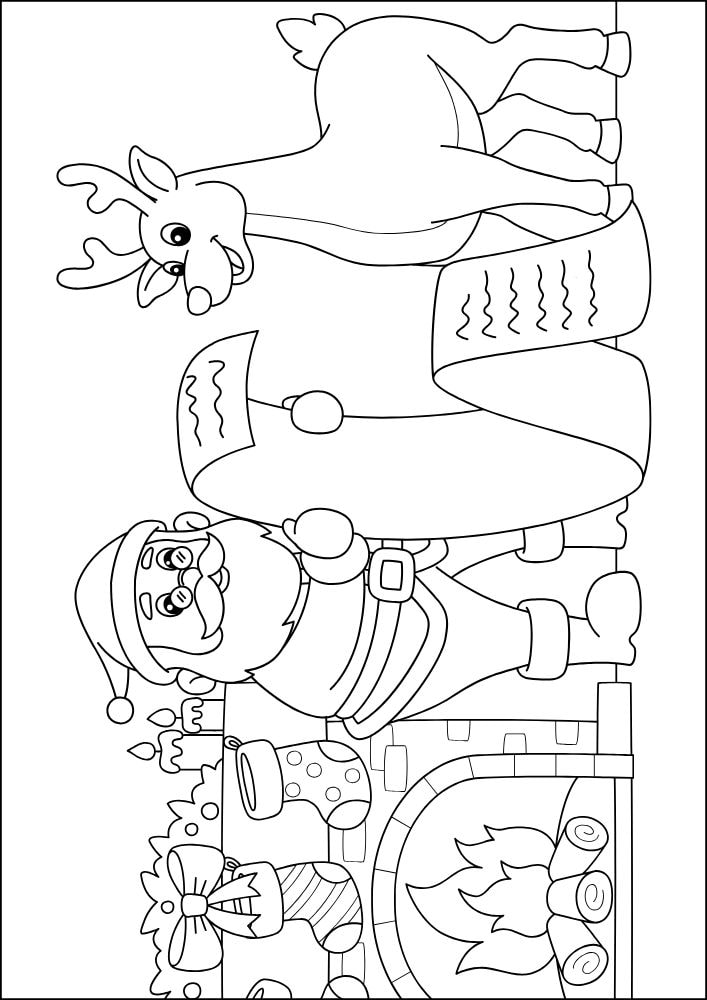 Christmas coloring page with Santa checking his list, a reindeer, and a fireplace with stockings