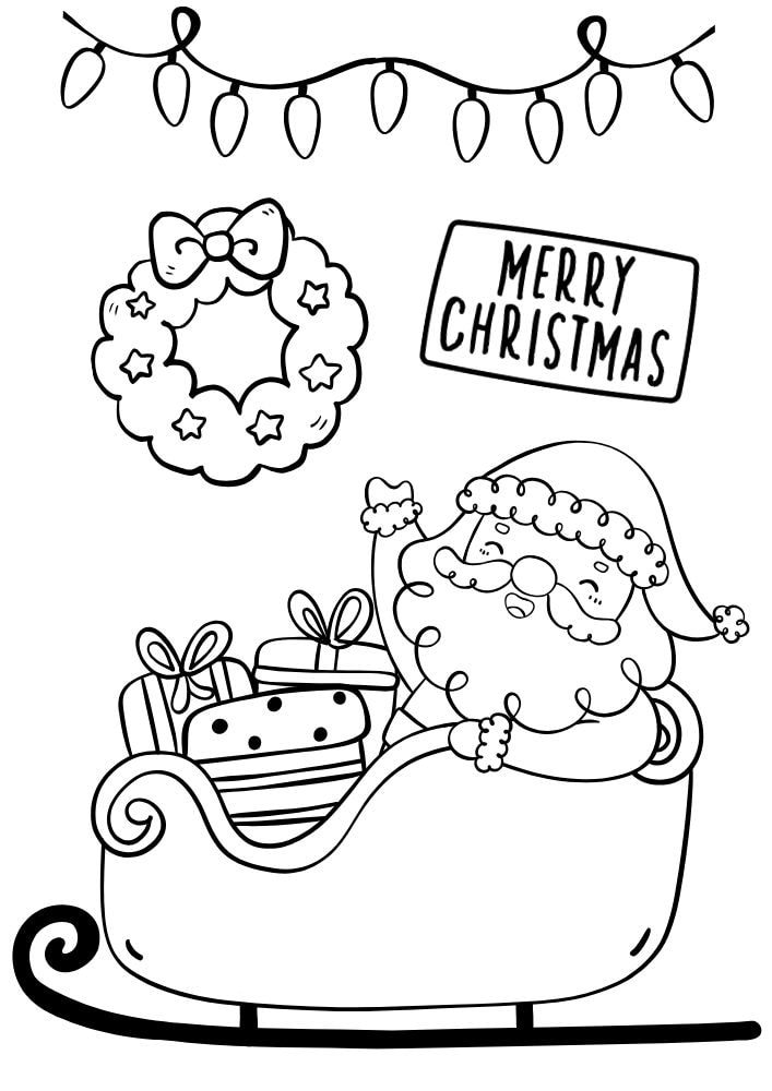 coloring page with santa in a sleigh, a wreath, and a sign that says merry christmas