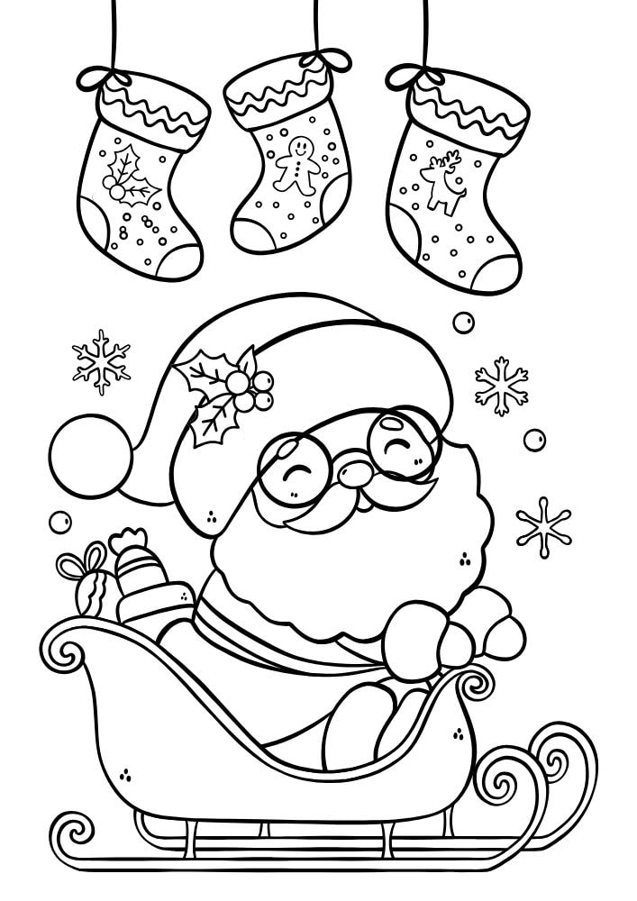 Christmas coloring page with santa in a sleigh and stockings