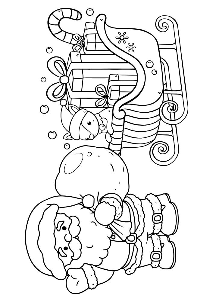 coloring page with santa holding a bag of toys next to a sleigh full of gifts