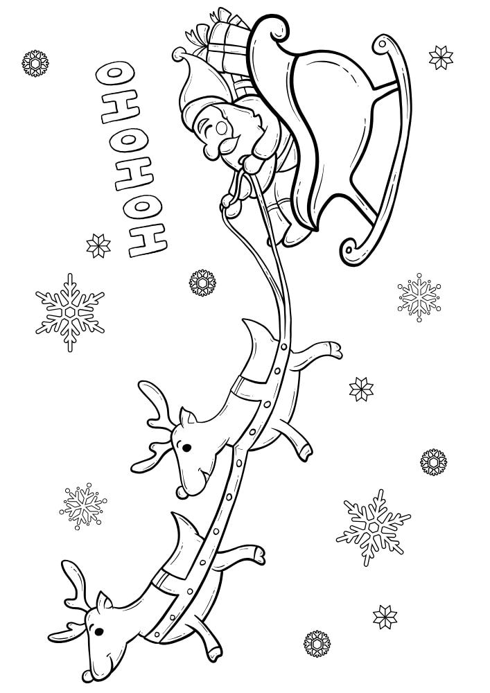 Christmas coloring page with reindeer pulling a sleigh through the sky