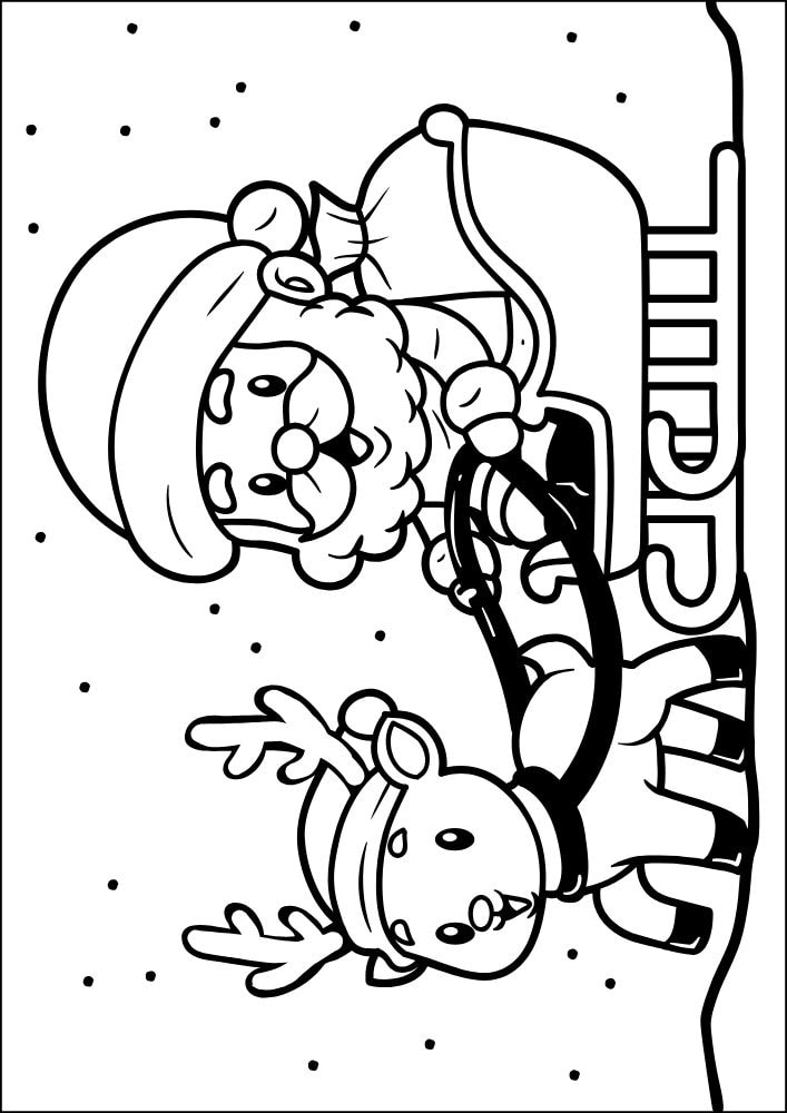 Santa themed coloring page a reindeer pulling a sleigh