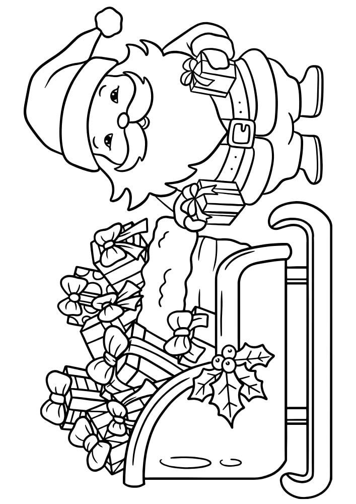 Christmas coloring page with santa and a sleigh full of gifts