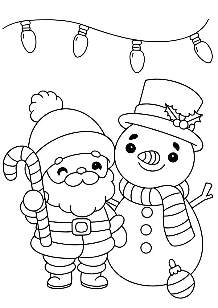 Santa themed coloring page with a snowman and christmas lights