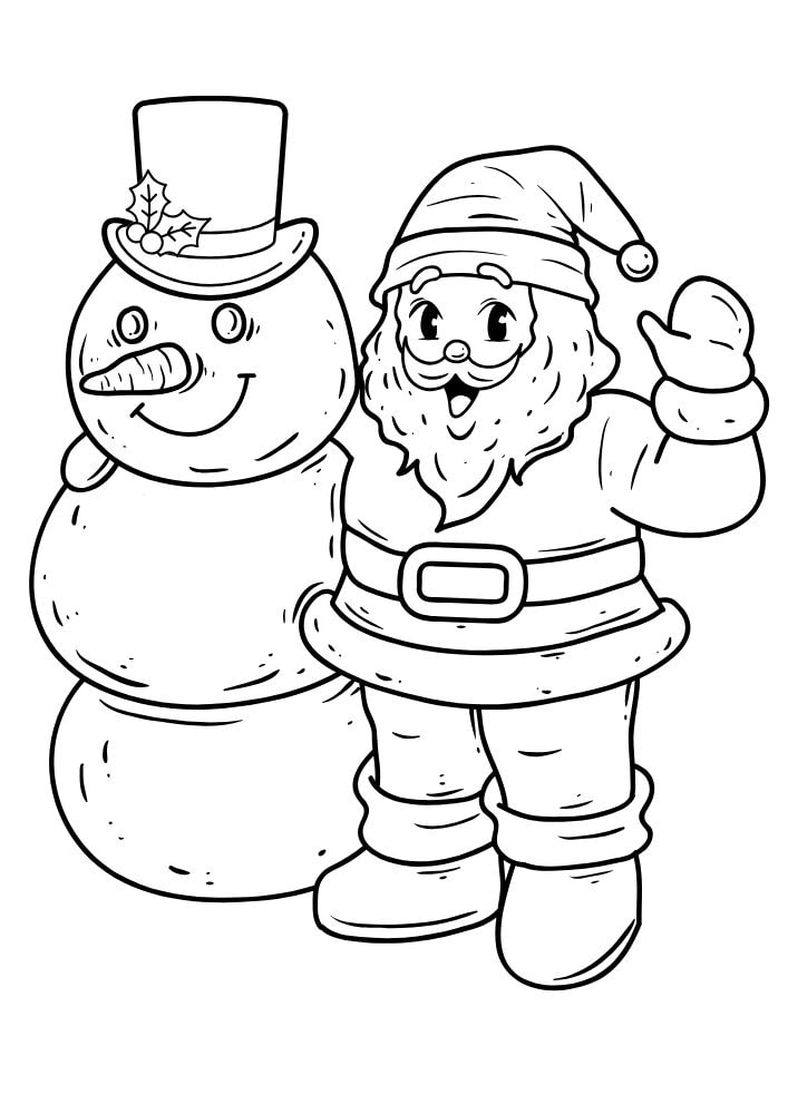 Christmas coloring page with St Nick and a snowman