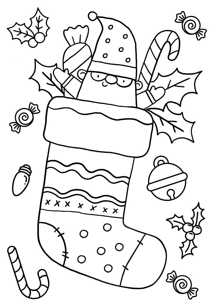 easy coloring page with a stocking with a gnome, holly and candy