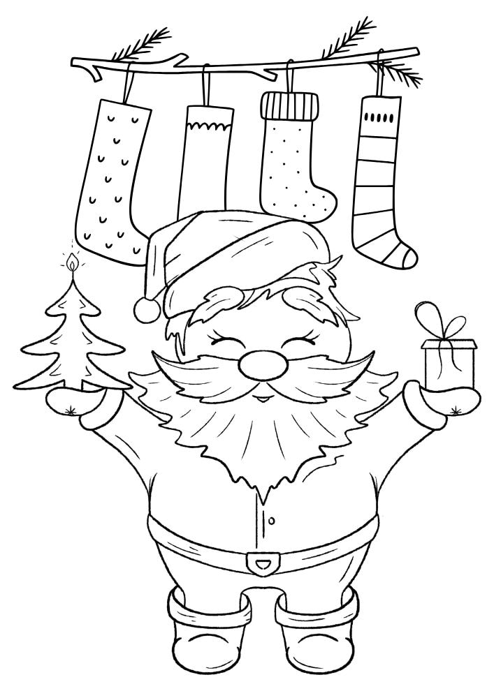 Christmas coloring page with santa standing in front of stockings