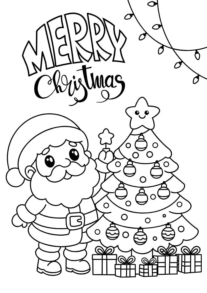 Santa Claus themed coloring page where he's decorating a tree and it says merry Christmas