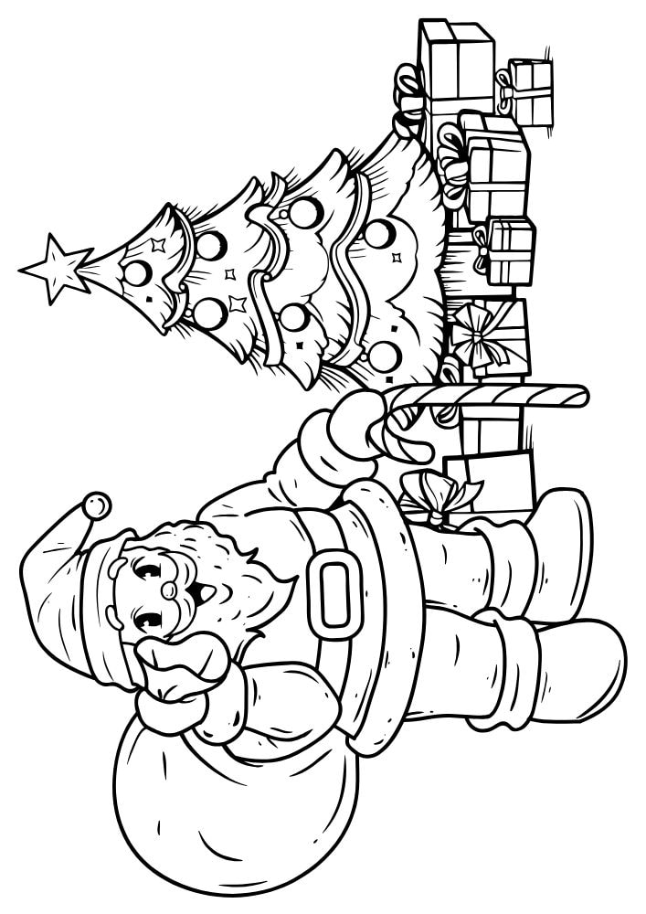 Christmas coloring page with santa delivering presents under a tree