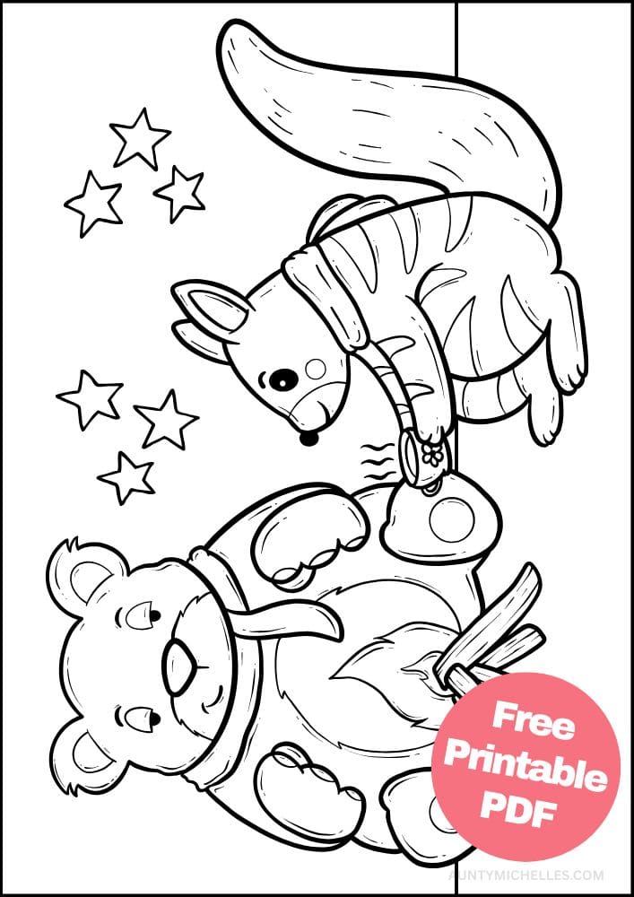 A coloring page with a cartoon bear and squirrel warming up by a fire