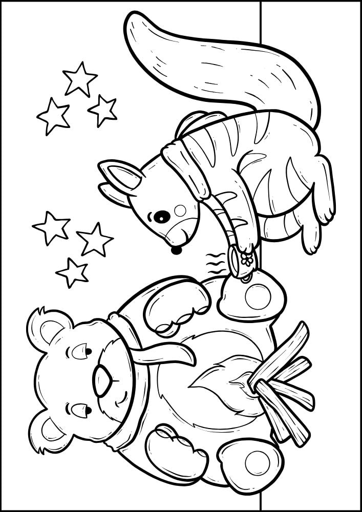 A coloring page with a cartoon bear and squirrel warming up by a fire