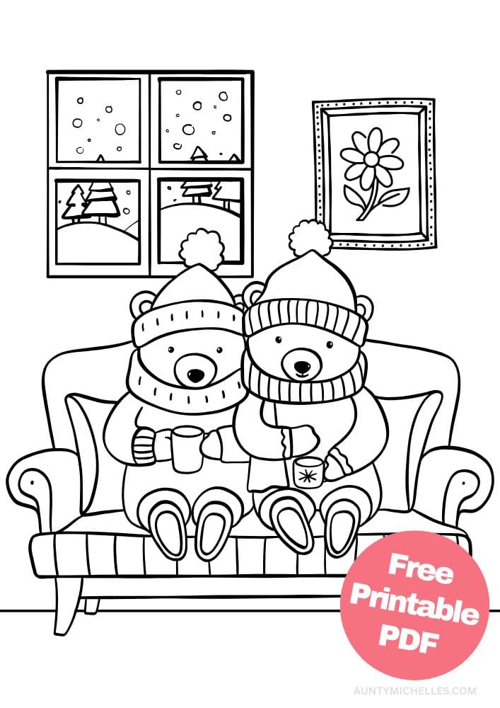 A winter coloring page with two bears sitting on a couch drinking hot cocoa