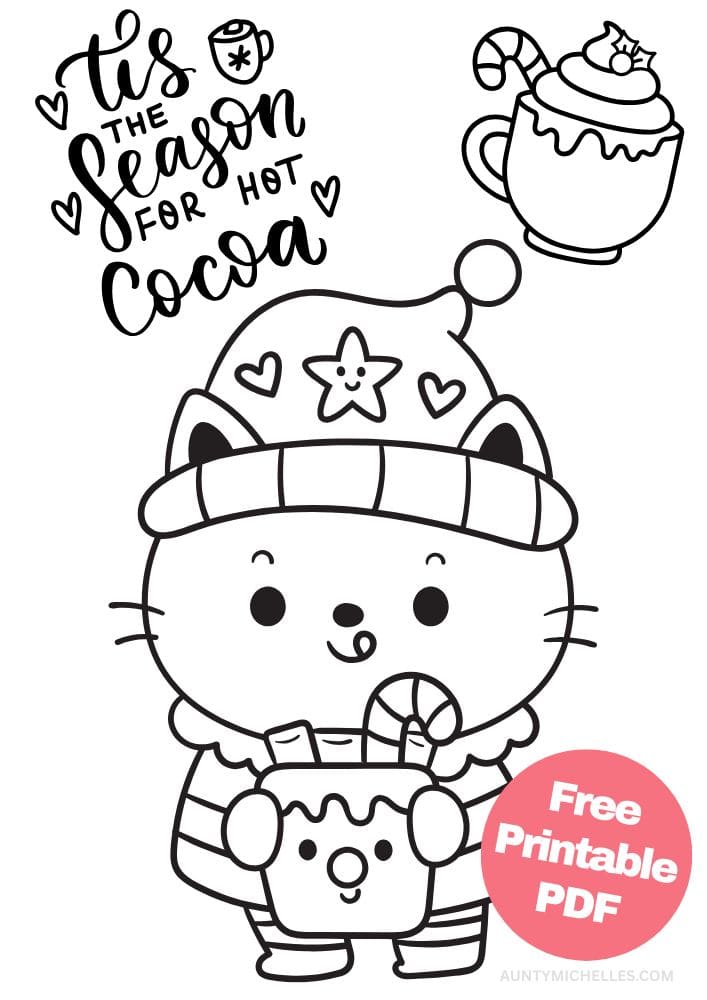 A hot cocoa themed coloring page with a cat wearing winter clothes drinking a hot chocolate