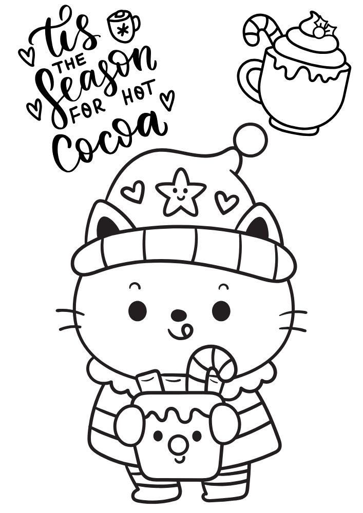 A hot cocoa themed coloring page with a cat wearing winter clothes drinking a hot chocolate