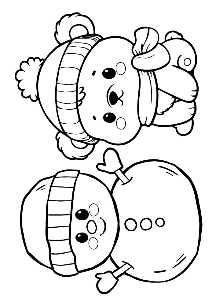 A winter themed coloring page with a snowman and a bear wearing hats