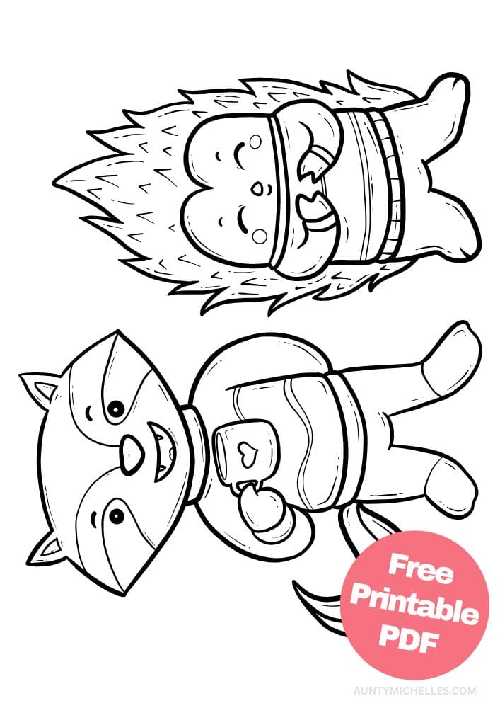 A coloring page with a fox and a porcupine wearing sweaters and drinking hot chocolate