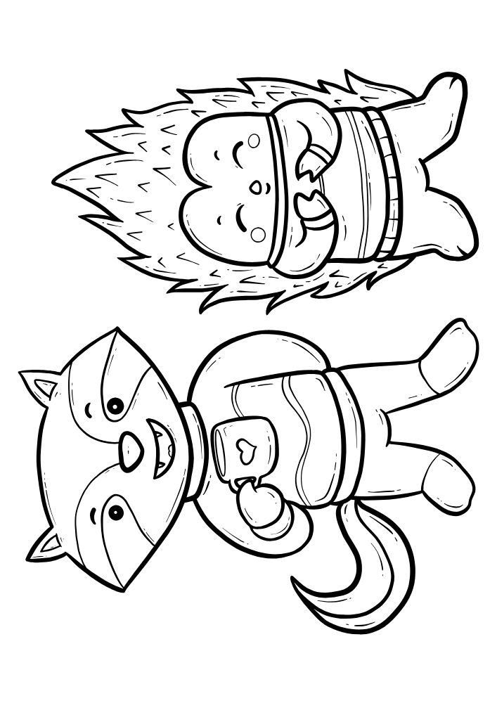 A coloring page with a fox and a porcupine wearing sweaters and drinking hot chocolate