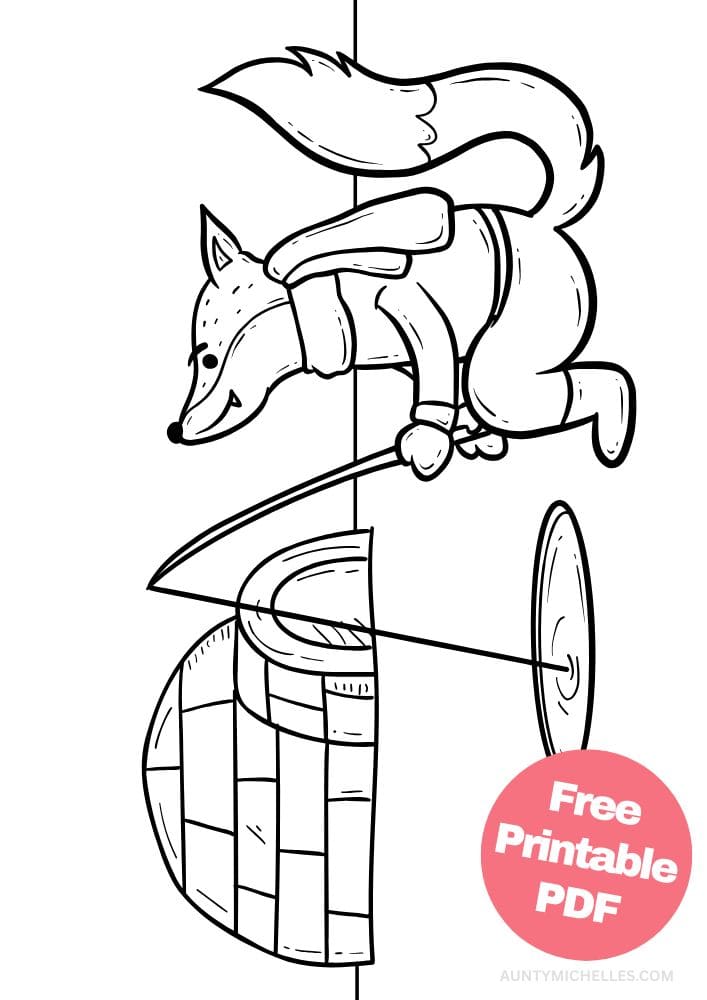 A coloring page with a fox ice fishing in front of an igloo
