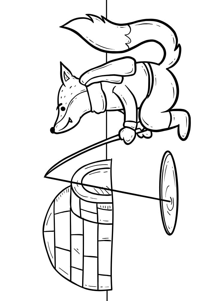 A coloring page with a fox ice fishing in front of an igloo