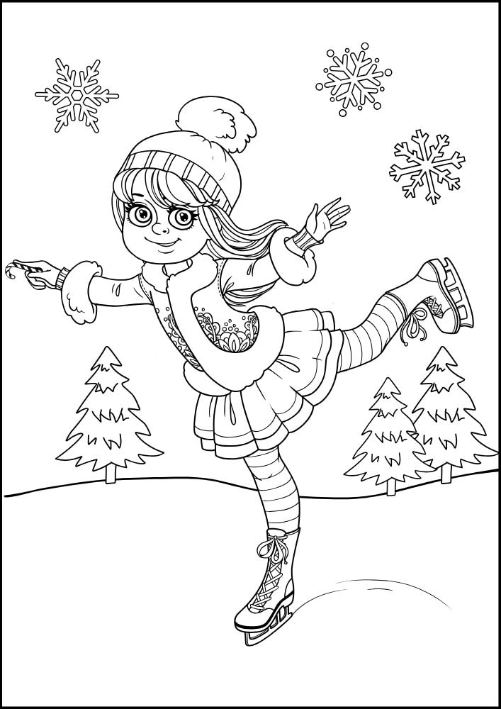 A coloring page with a young girl ice skating with pine trees behind her