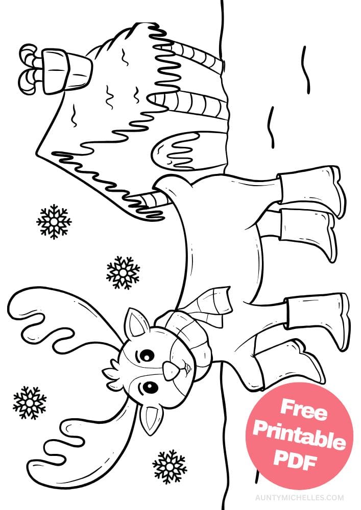 A Canadian inspired coloring page with a moose standing in front of a gingerbread house