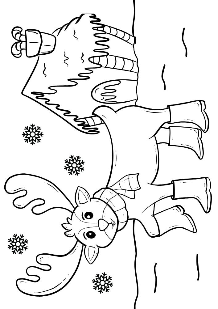 A Canadian inspired coloring page with a moose standing in front of a gingerbread house