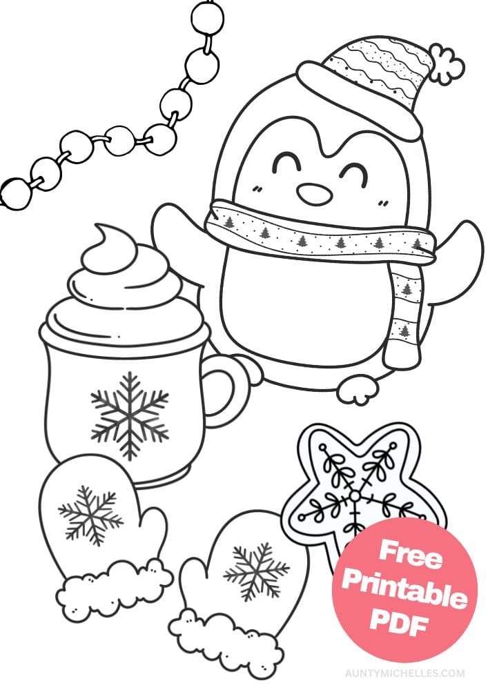 A winter coloring page with a penguin, hot cocoa, mittens, garland, and a sugar cookie