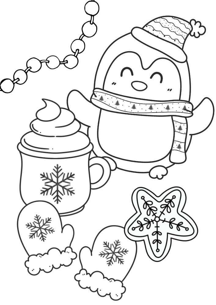 A winter coloring page with a penguin, hot cocoa, mittens, garland, and a sugar cookie