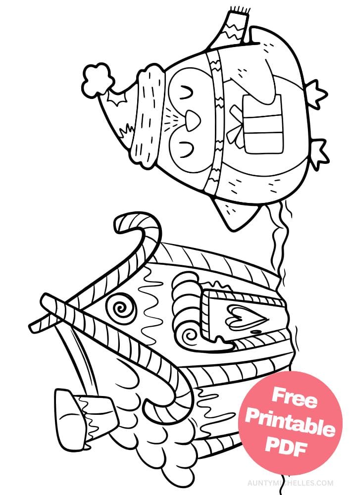 A cute coloring page with a penguin and a gingerbread house