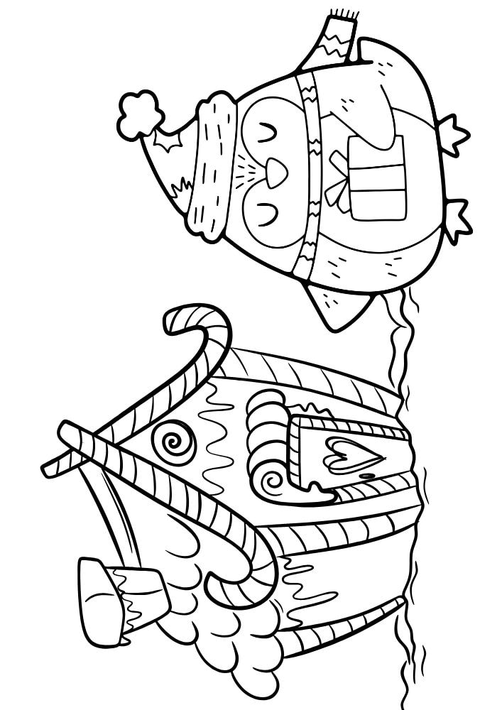 A cute coloring page with a penguin and a gingerbread house